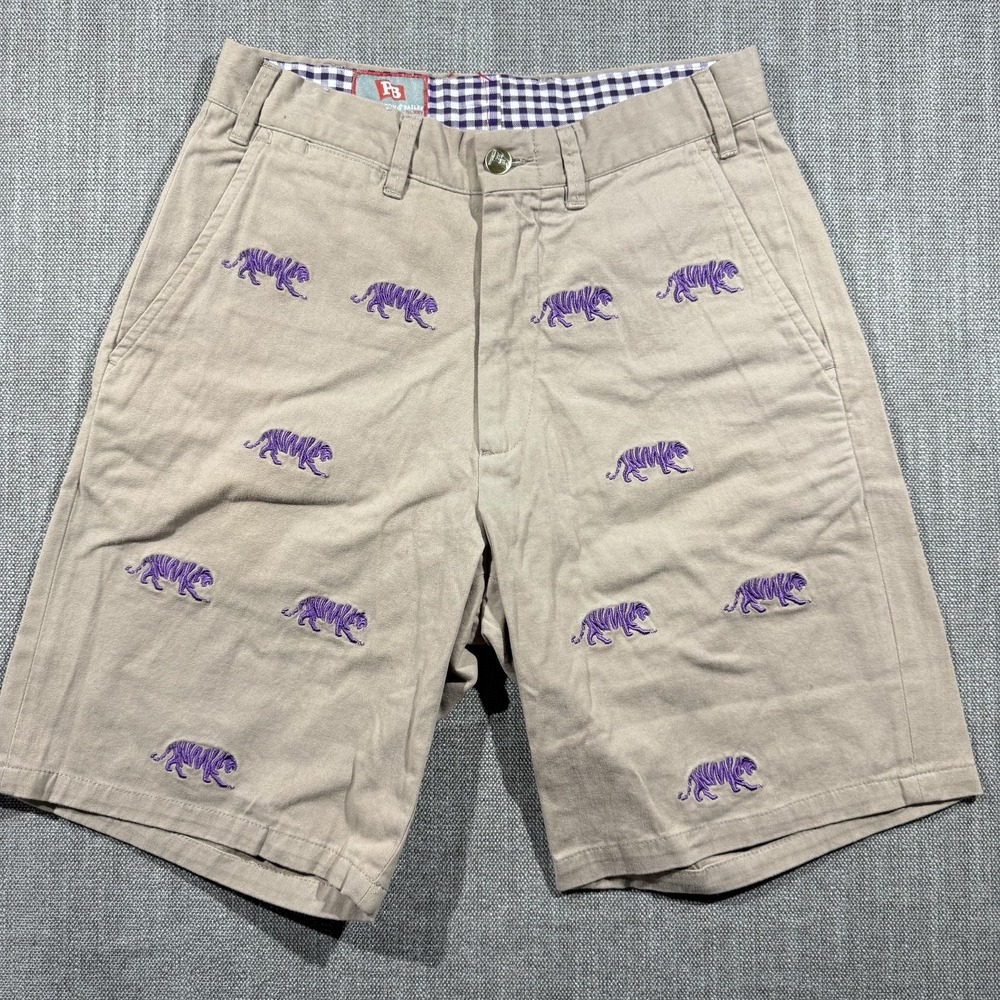 Pennington‎ & Bailes Shorts Mens 28 Beige Stadium Tiger Embroidered Canvas Chino